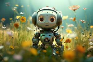 Cheerful Cute robot girl with flowers. Generate AI photo