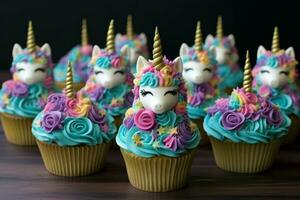 Irresistible Cute unicorn cupcakes. Generate Ai photo