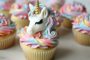 Delightful Cute unicorn cupcakes. Generate Ai photo