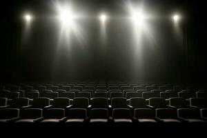 Cinema seats empty under lights. Generate Ai photo