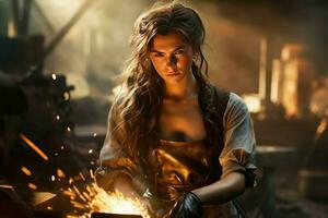 Sturdy Blacksmith woman workshop forge. Generate Ai photo