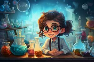 Meticulous Child girl chemist. Generate Ai photo