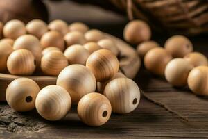 Beech wooden beads closeup. Generate Ai photo