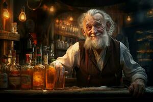 Patient Bartender old man bar. Generate Ai photo