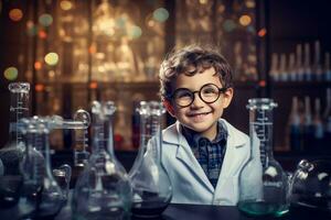 Curious Cute boy in full chemical laboratory. Generate Ai photo