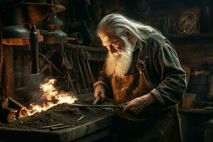 Resilient Blacksmith old man work forge. Generate Ai photo