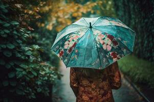 espalda ver de mujer caminando en lluvia con sombrilla. generar ai foto