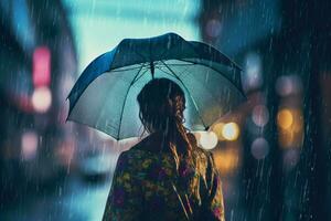espalda ver de mujer con paraguas en lluvia ducha. generar ai foto