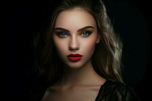 Portrait of young woman with beautiful makeup on black background. Generate ai photo