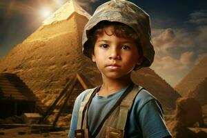 Majestic Ancient egyptian pyramid child boy. Generate Ai photo