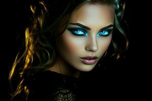 Portrait of young woman with vibrant professional makeup on black background. Generate ai photo