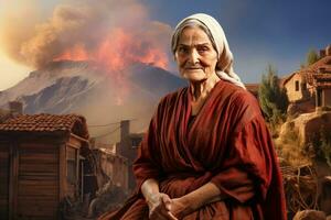 Catastrophic Ancient greek volcano eruption old woman. Generate Ai photo