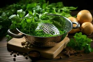 Colander with fresh parsley spices nature. Generate Ai photo