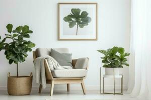 Comfortable armchair blanket houseplant and picture at wall. Generate Ai photo