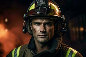 Sturdy Fireman with helmet. Generate Ai photo