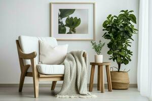 Comfortable armchair blanket houseplant and picture decoration modern flame house art. Generate Ai photo