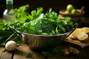 Colander with fresh parsley spices. Generate Ai photo