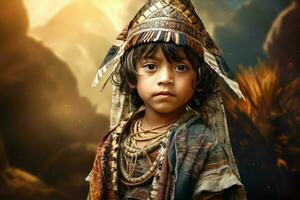 Ancient Aztec child boy old pyramid. Generate AI photo