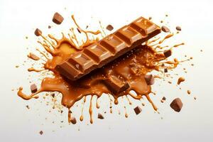 Chocolate bar with yummy caramel splash peanut. Generate Ai photo