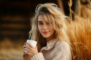 Beautiful woman with cup of hot drink. Generate Ai photo