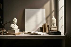 Ancient philosophical tome positioned book on table. Generate Ai photo