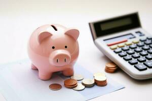 Calculator piggy bank money stack coins. Generate Ai photo