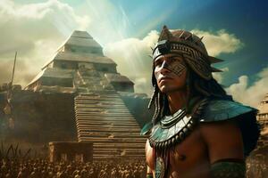 Ancient Aztec strong man old pyramid. Generate AI photo