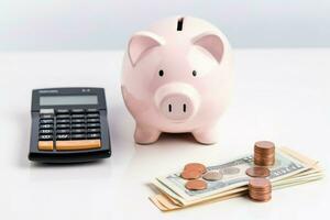 Calculator piggy bank money notebooks with coin stack. Generate Ai photo