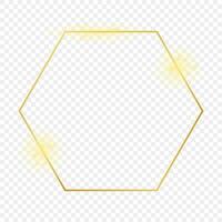 Gold glowing hexagon frame isolated on background. Shiny frame with glowing effects. Vector illustration.