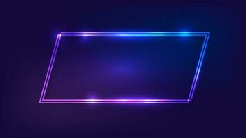 Neon double quadrangle frame with shining effects on dark background. Empty glowing techno backdrop. Vector illustration.