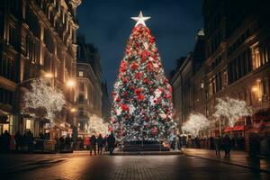 Christmas tree lighting at night city street. Generate Ai photo