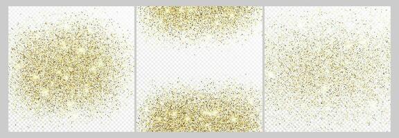 Set of three gold glitter confetti backdrops isolated on white backgrounds. Celebratory texture with shining light effect. Vector illustration.