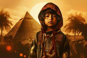 Curious Aztec child boy old pyramid. Generate AI photo