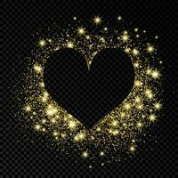 Heart shape frame with golden glitter on dark background. Greeting card with empty dark background. Vector illustration.