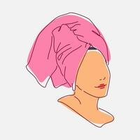 line art of a woman face with a towel on her head. colored. editable stroke. vector illustration.