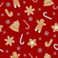 seamless christmas pattern template in cartoon style with christmas candies, gifts, holly leaves and bells. for wrapping paper, textile, themed decor vector