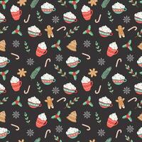 seamless christmas pattern template in cartoon style with christmas candies, gifts, holly leaves and bells. for wrapping paper, textile, themed decor vector