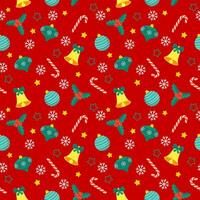 sin costura Navidad modelo modelo en dibujos animados estilo con Navidad dulces, regalos, acebo hojas y campanas para envase papel, textil, temática decoración vector