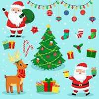 template for congratulations on christmas and new year in cartoon style. funny santa claus and items vector