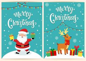 template for congratulations on christmas and new year in cartoon style. funny santa claus and items vector