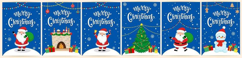 template for congratulations on christmas and new year in cartoon style. funny santa claus and items vector