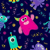 seamless pattern with aliens and space monsters, planets, rockets, stars, comets, spaceships in cartoon style. vector illustration