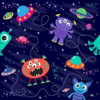 seamless pattern with aliens and space monsters, planets, rockets, stars, comets, spaceships in cartoon style. vector illustration