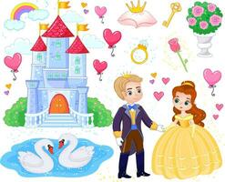 Set of fairy tale items and characters in cartoon style. Prince and princess near the castle. Vector illustration