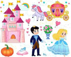 Set of fairy tale items and characters in cartoon style. Prince and princess near the castle. Vector illustration