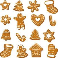 a set of Christmas gingerbread cookies decorated with icing sugar. vector illustration in cartoon style