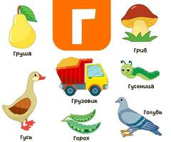 Russian alphabet. Written in Russian Russian alphabet. Written in English helicopter, camel, cherry, jam, grapes, crow vector