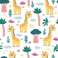 sin costura modelo con africano jirafa y plantas en un infantil dibujos animados estilo. vector ilustración. para para niños textiles y decoración