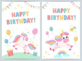 Cute birthday cards for kids with funny unicorn. vector illustration