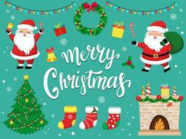 template for congratulations on christmas and new year in cartoon style. funny santa claus and items vector